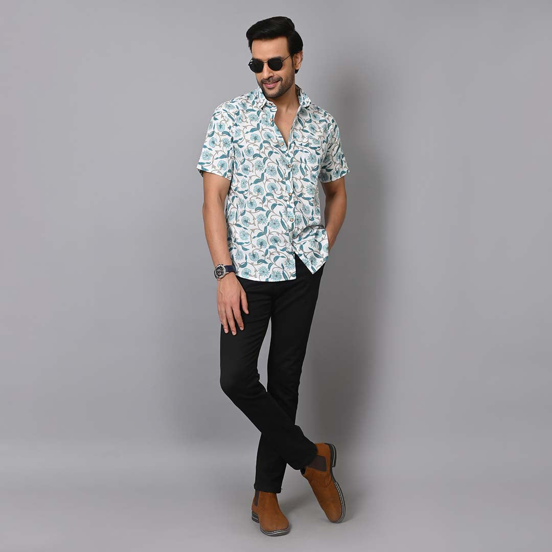 Blue Paisley Cotton Half Sleeves Shirt