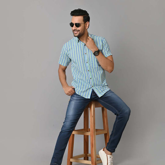 Blue Stripes Printed Half Sleeves Shirt