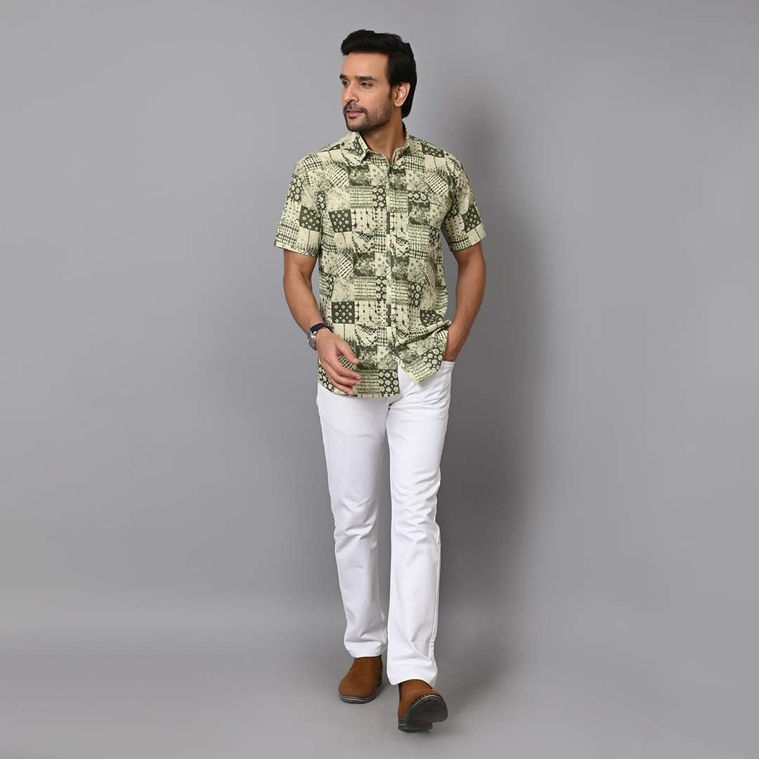 Green Jungle Patch Work Half Sleeves Shirt