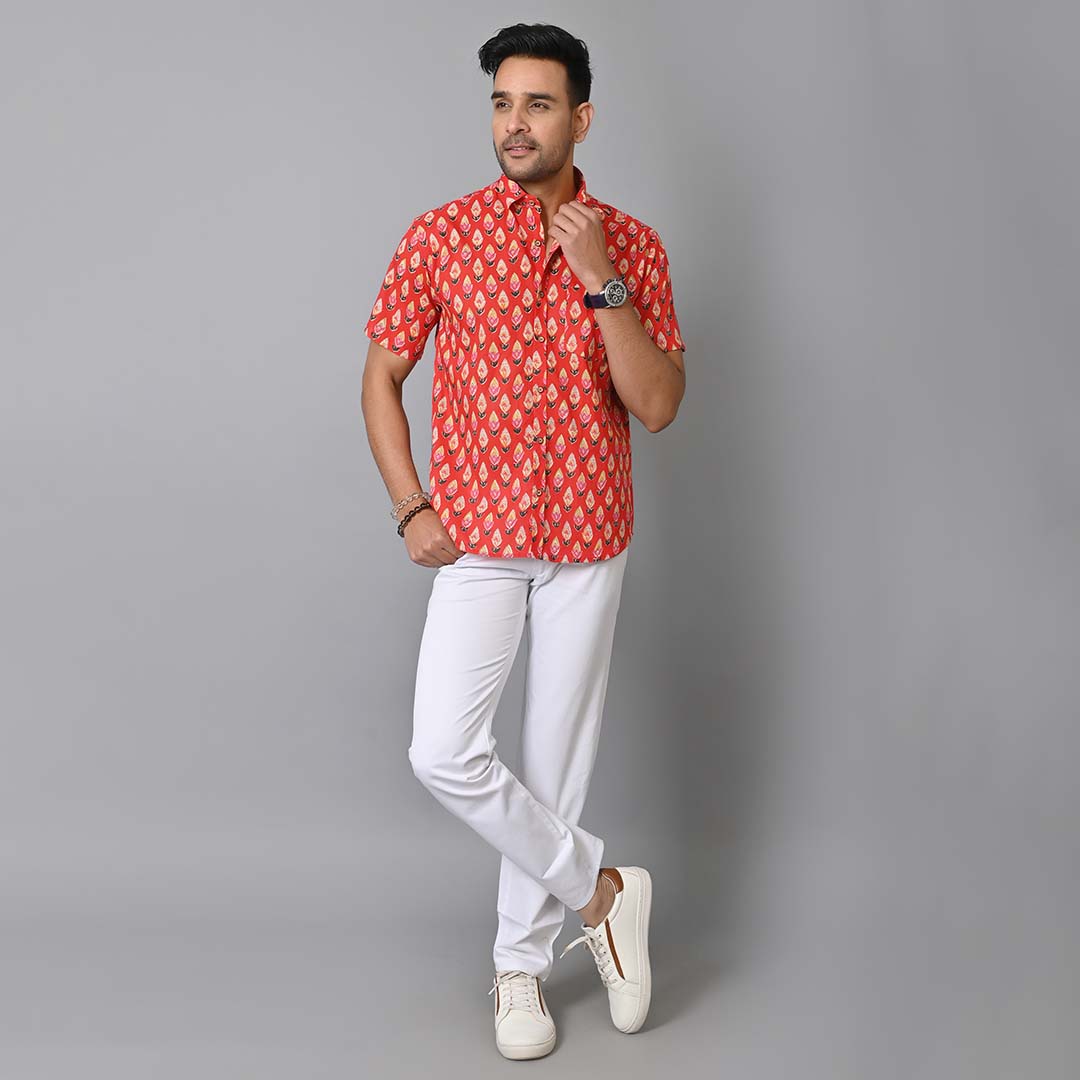 Red Petals Printed Half Sleeves Shirt