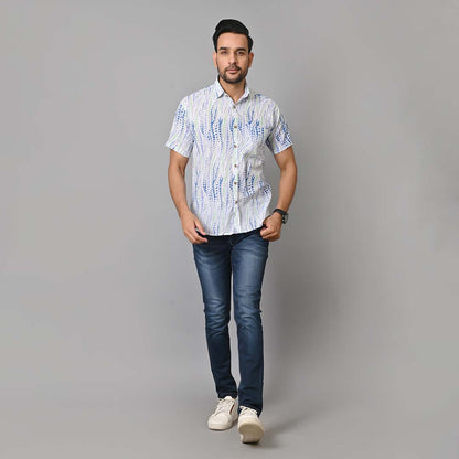 Sea Blue Waves Printed Half Sleeves Shirt