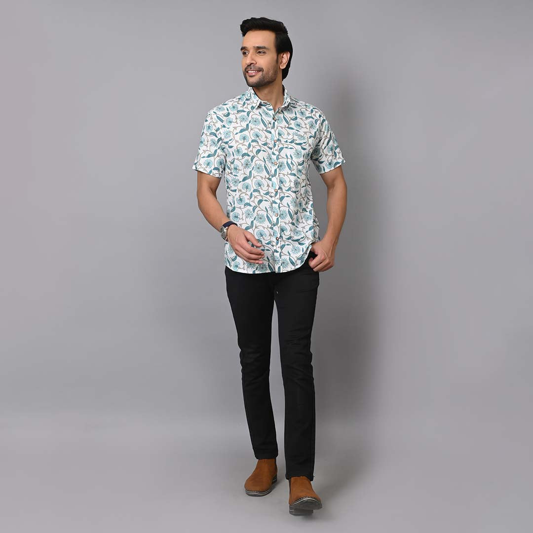 Blue Paisley Cotton Half Sleeves Shirt