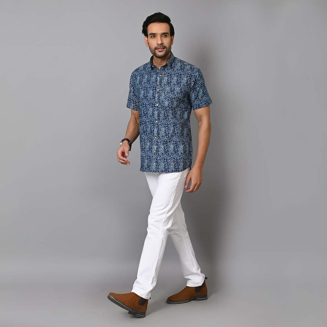 Blue Paisley Printed Half Sleeves Shirt