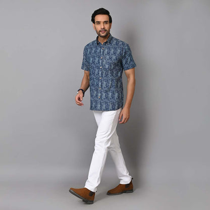 Blue Paisley Printed Half Sleeves Shirt