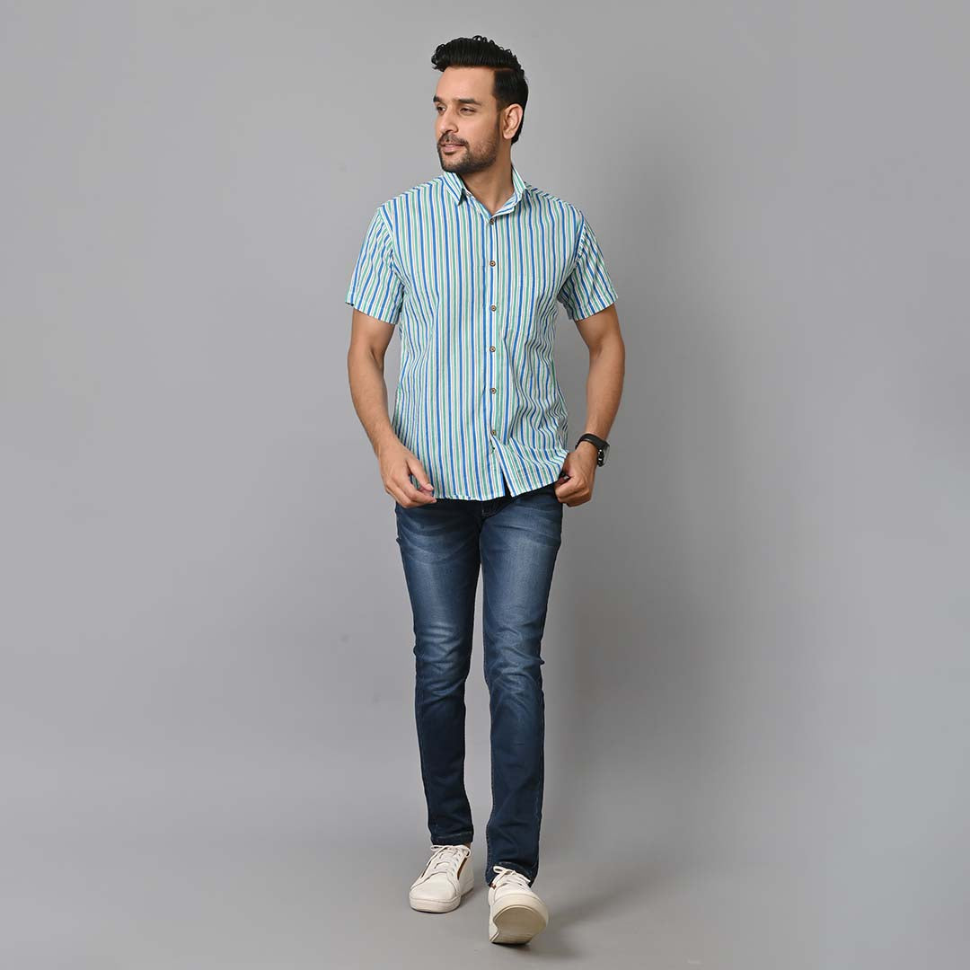 Blue Stripes Printed Half Sleeves Shirt