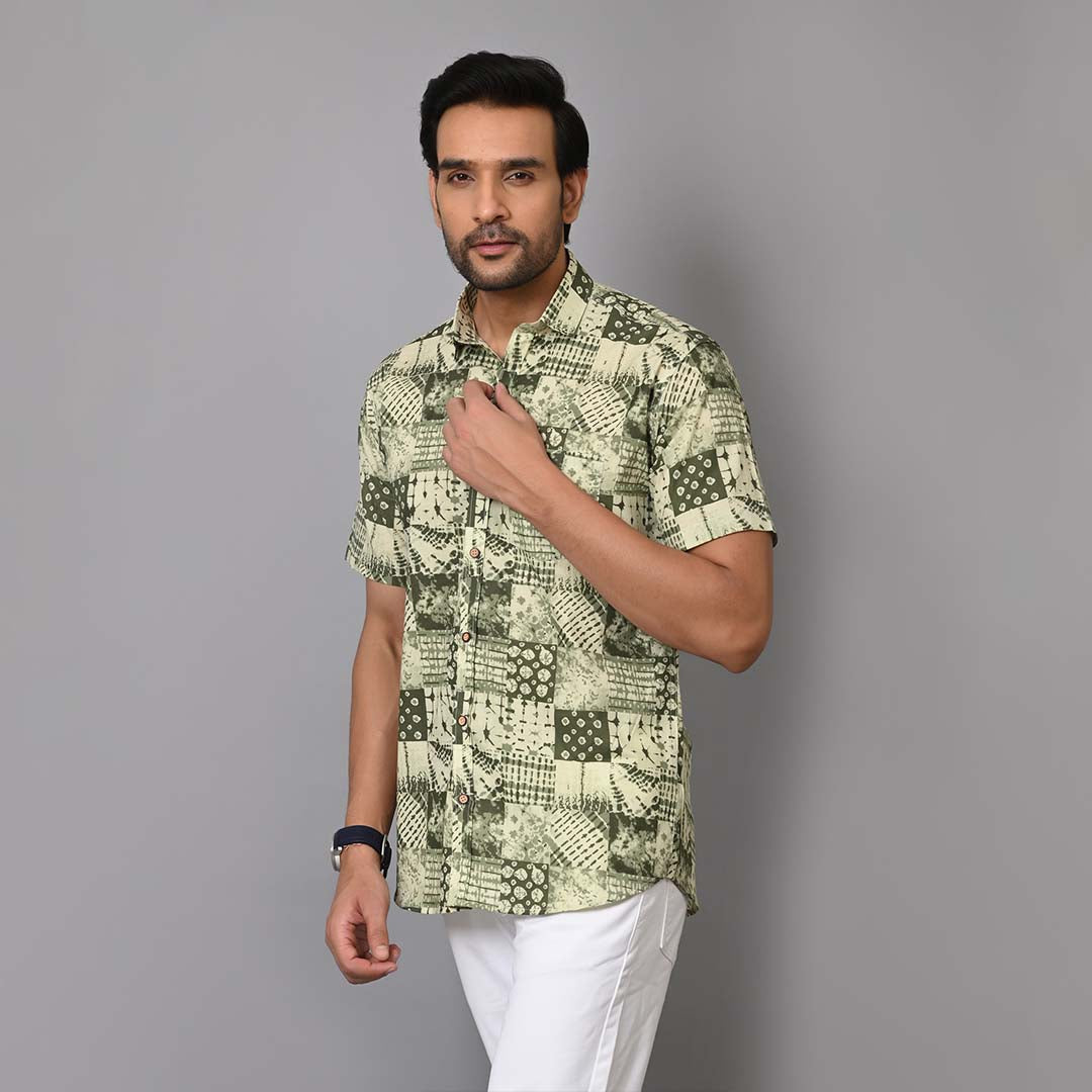 Green Jungle Patch Work Half Sleeves Shirt