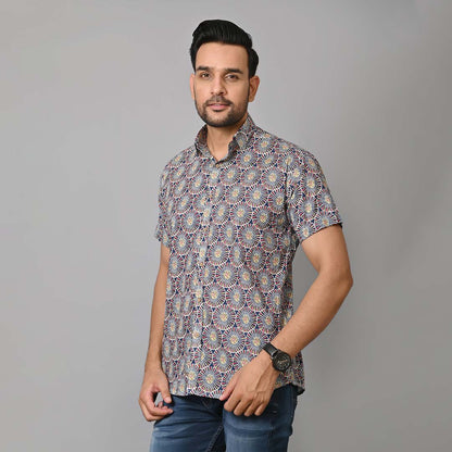 Grey Mandala Printed Half Sleeves Shirt