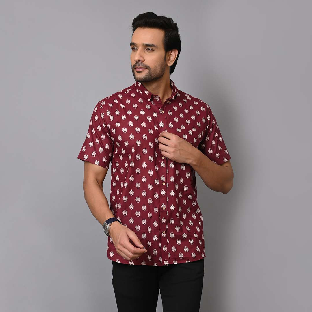 Maroon Petal Printed Half Sleeves Shirt