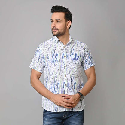 Sea Blue Waves Printed Half Sleeves Shirt