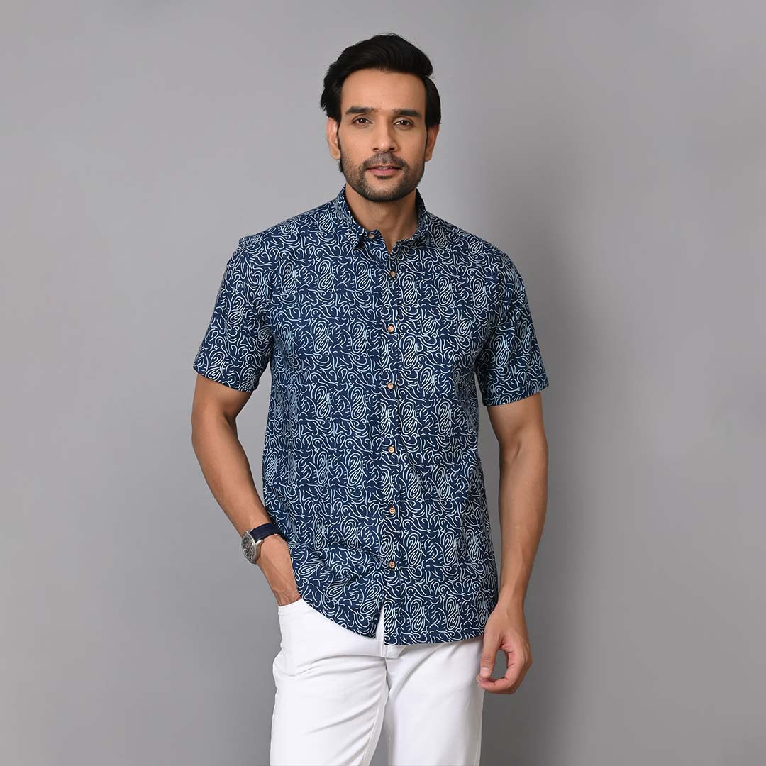 Blue Paisley Printed Half Sleeves Shirt