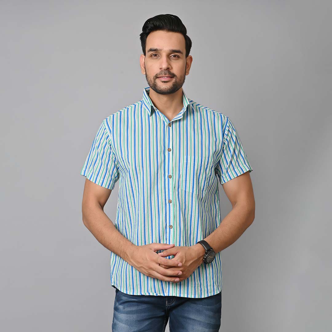 Blue Stripes Printed Half Sleeves Shirt