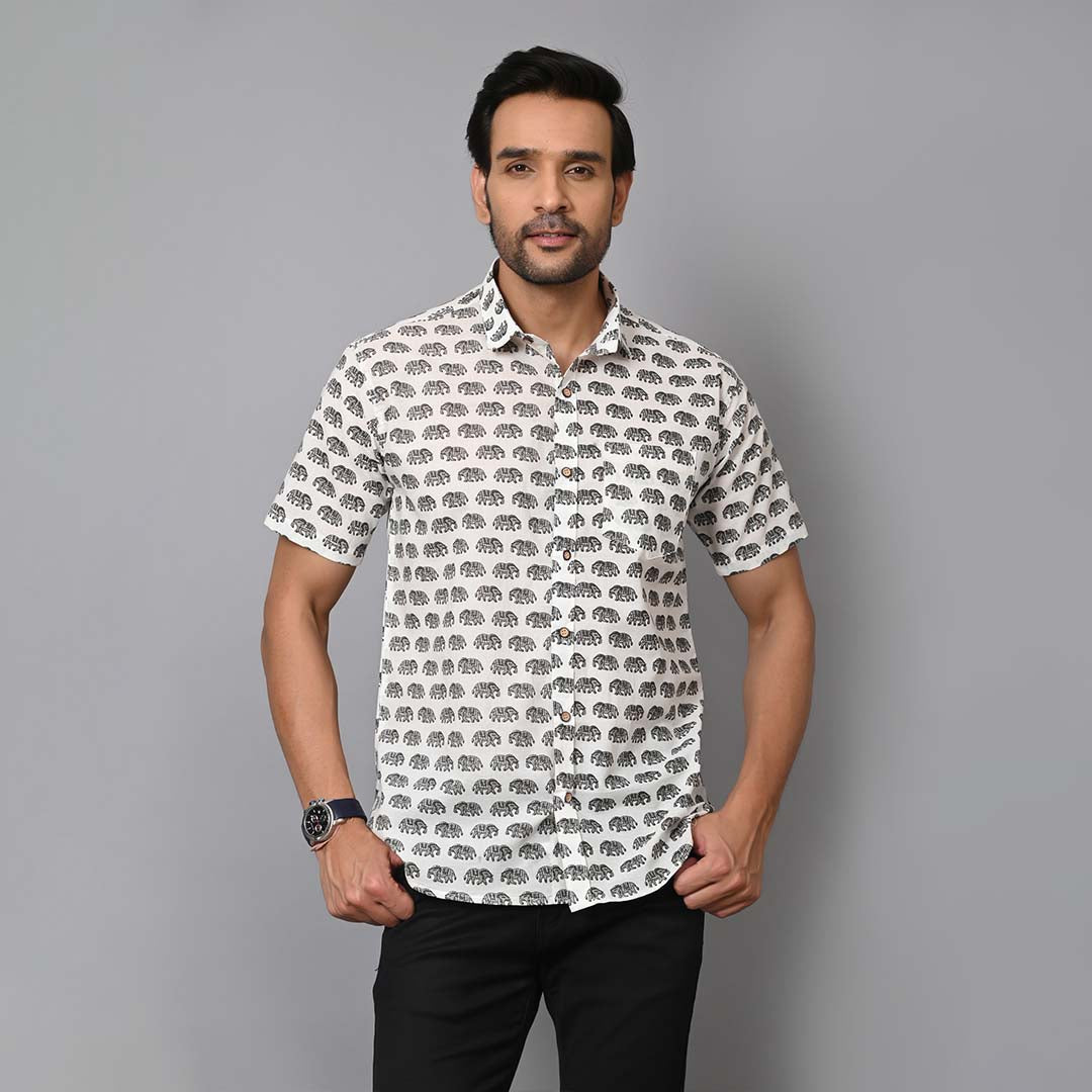 Elephant Printed Cotton Half Sleeves Shirt