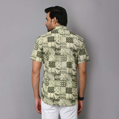 Green Jungle Patch Work Half Sleeves Shirt