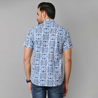 Retro Blue Printed Half Sleeves Shirt