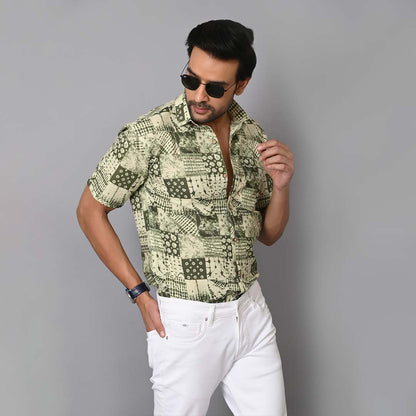 Green Jungle Patch Work Half Sleeves Shirt