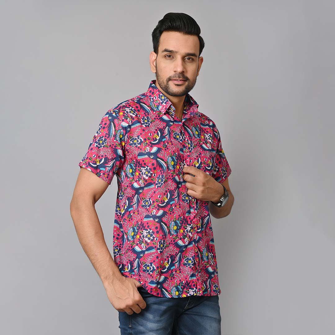 Maroon Bird Printed Half Sleeves Shirt