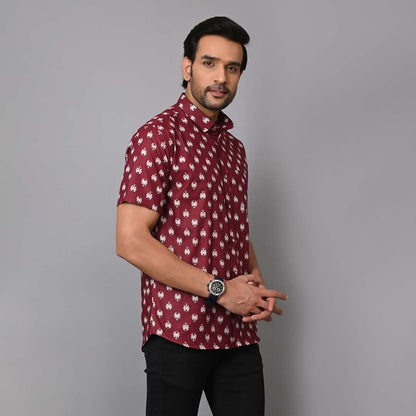 Maroon Petal Printed Half Sleeves Shirt