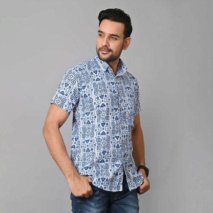 Retro Blue Printed Half Sleeves Shirt