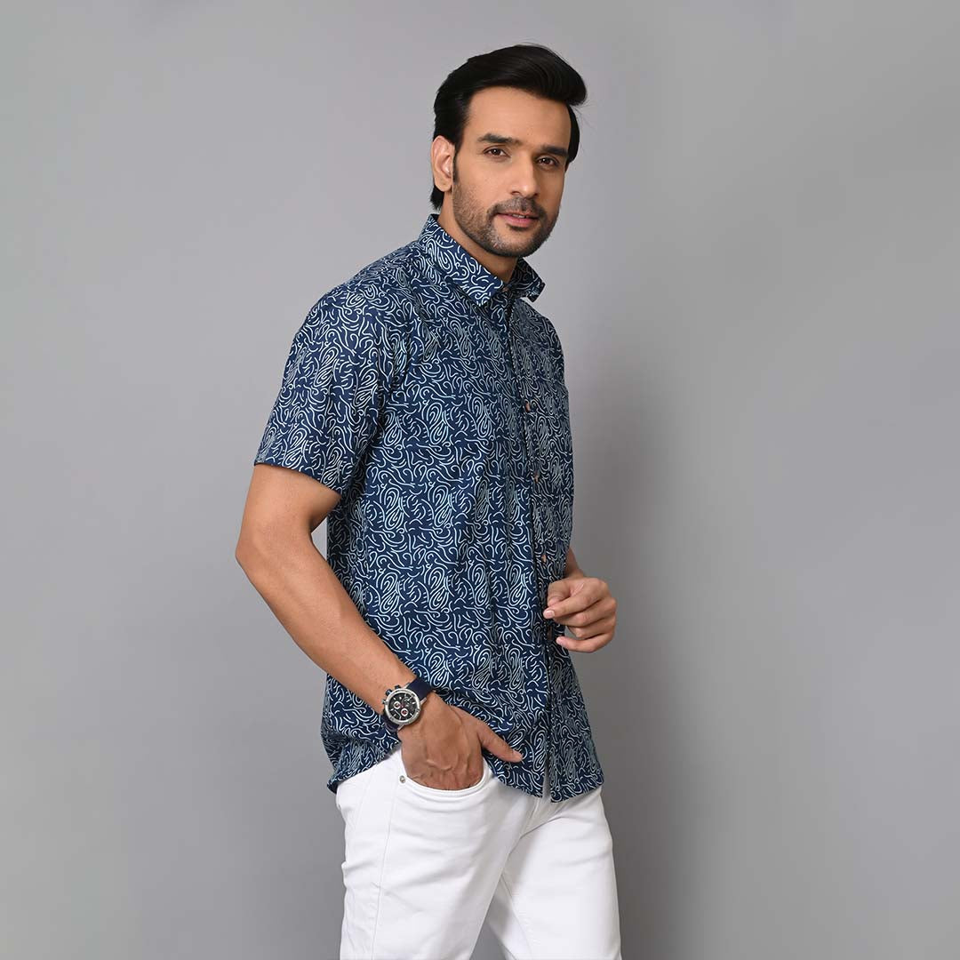 Blue Paisley Printed Half Sleeves Shirt