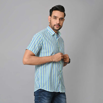 Blue Stripes Printed Half Sleeves Shirt