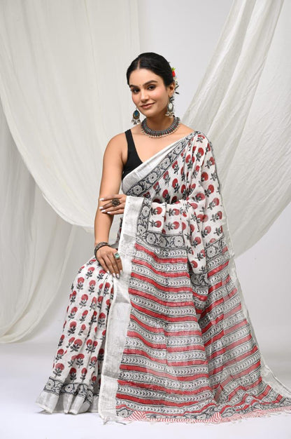 Ivory Linen Cotton Saree with Red Poppy Block Print & Silver Tissue Border | Handcrafted in Jaipur