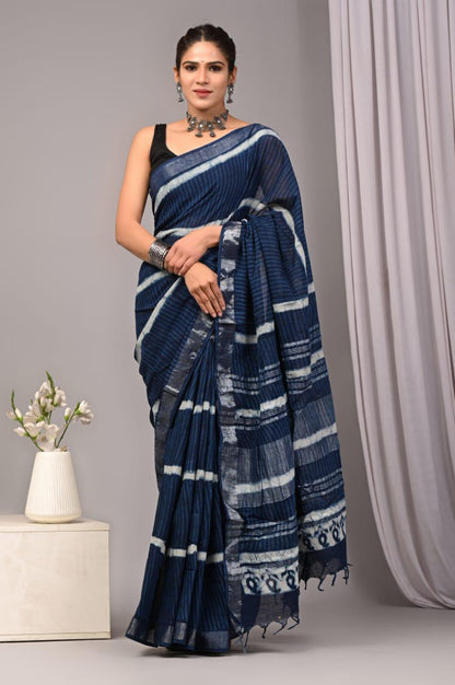 Indigo Lehariya Hand Block Print Linen Cotton Saree with Silver Tissue Border