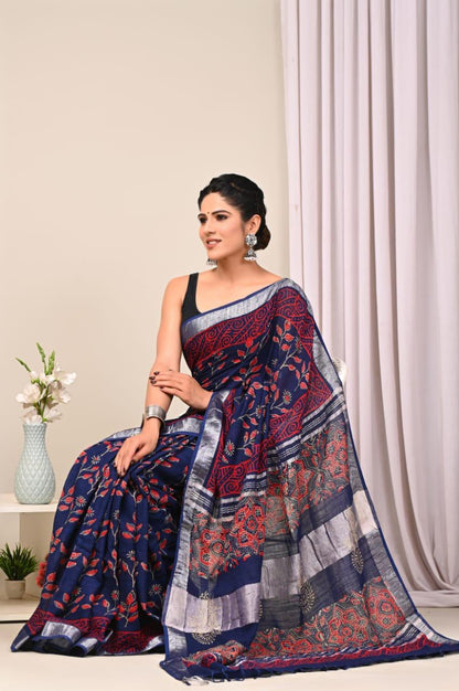 Midnight Blue Linen Cotton Saree with Red Floral Block Print & Ajrakh Pallu | Silver Tissue Border