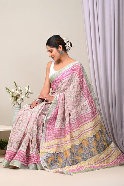 Pastel Cream Pink Paisley Hand Block Print Linen Cotton Saree with Multi-Colour Pallu