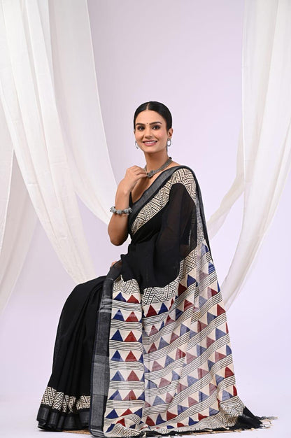 Black Linen Cotton Saree with Tribal Triangle Border & Silver Tissue Edge | Hand Block Print