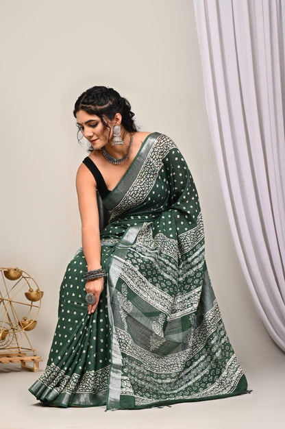Bottle Green Polka Dot Hand Block Print Linen Cotton Saree with Silver Tissue Border & Paisley Pallu