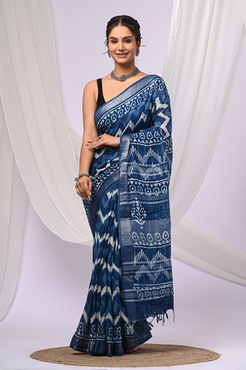 Indigo Blue Dabu Chevron Hand Block Print Linen Cotton Saree with Silver Tissue Border