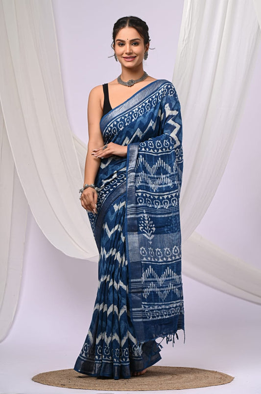 Indigo Blue Dabu Chevron Hand Block Print Linen Cotton Saree with Silver Tissue Border