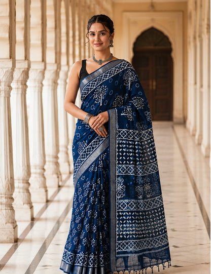 Indigo Dabu Tree of Life Hand Block Print Linen Cotton Saree | Silver Tissue Border