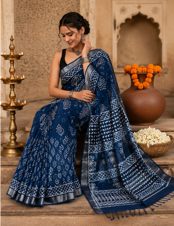 Indigo Dabu Tree of Life Hand Block Print Linen Cotton Saree | Silver Tissue Border