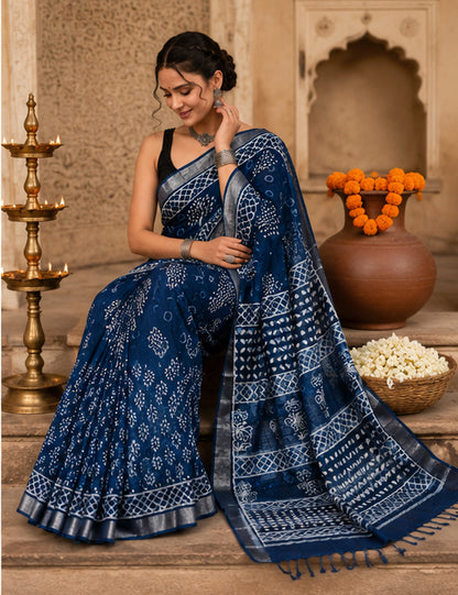 Indigo Dabu Tree of Life Hand Block Print Linen Cotton Saree | Silver Tissue Border