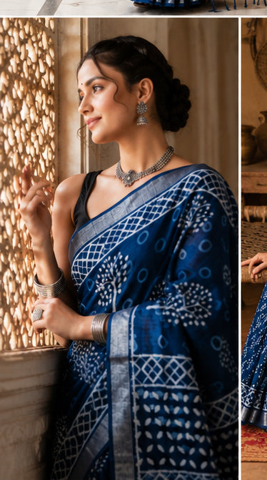 Indigo Dabu Tree of Life Hand Block Print Linen Cotton Saree | Silver Tissue Border
