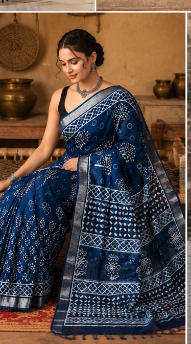 Indigo Dabu Tree of Life Hand Block Print Linen Cotton Saree | Silver Tissue Border