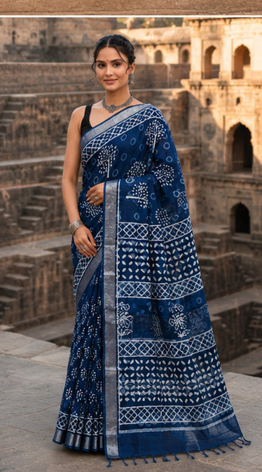 Indigo Dabu Tree of Life Hand Block Print Linen Cotton Saree | Silver Tissue Border